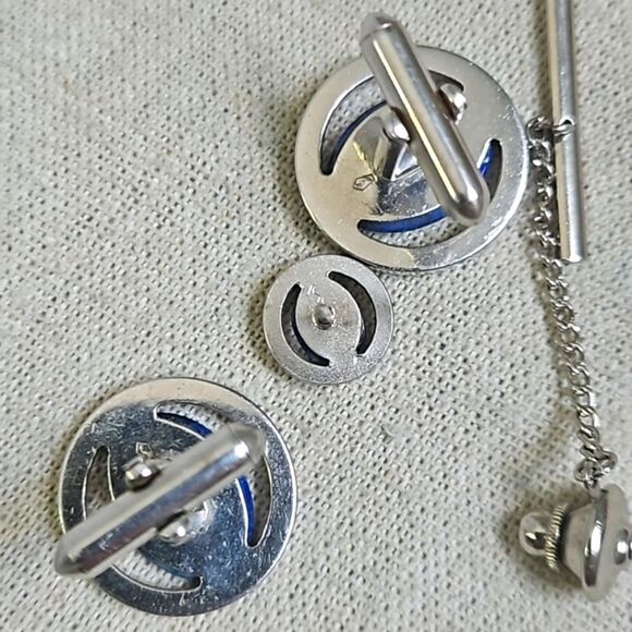 Vintage Genuine Sodalite Blue Natural Gemstone Cufflinks Tie Tack Set - Picture 6 of 7